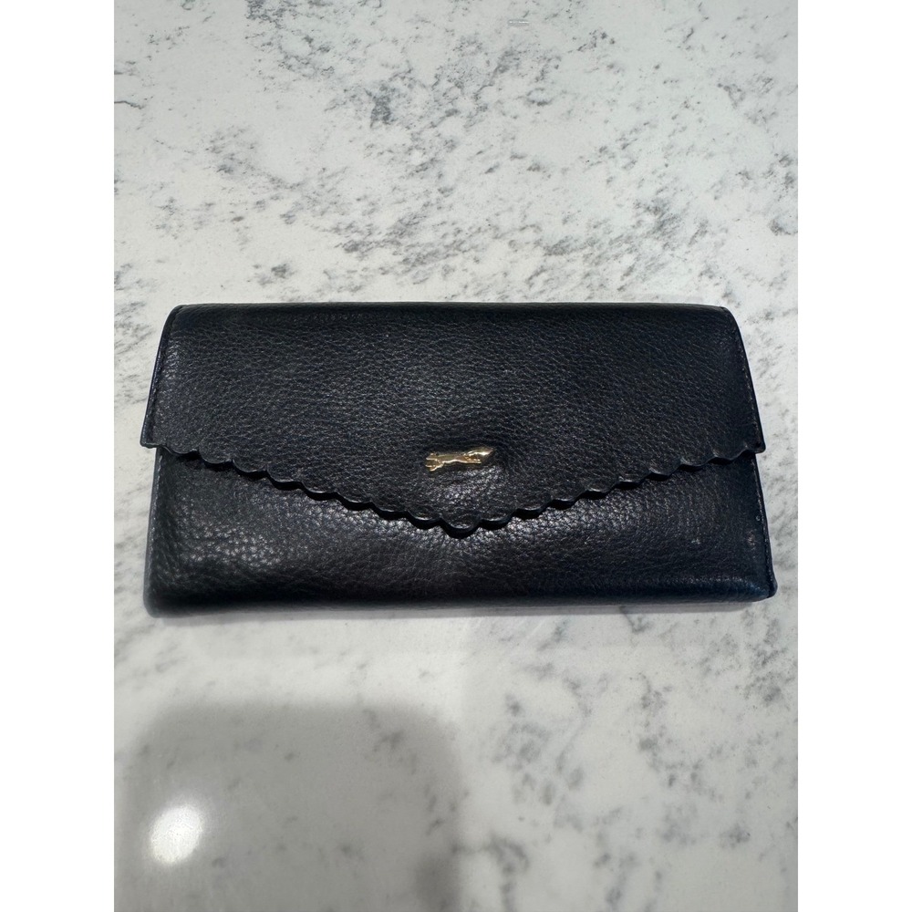 Paul Costelloe Black Pebbled Leather Scalloped Wallet Gold Fox Logo‎ w/ Tassel
